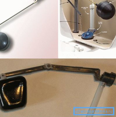 Supapa cu un flotor pentru un vas de toaletă de pe pârghia de metal și plastic
