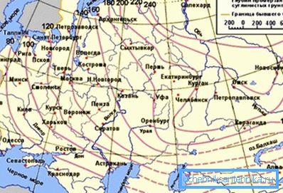 Harta prezintă valori ale adâncimii de îngheț pentru diferite regiuni ale spațiului post-sovietic (valorile intermediare sunt determinate prin interpolare)
