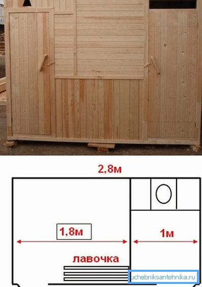 Desenul cel mai simplu al unei toalete de țară cu duș și forma finală a structurii