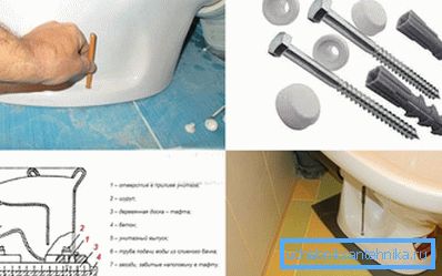 Tipurile de fixare a unui vas de toaletă pe podea - pe dibluri, tafta și lipici
