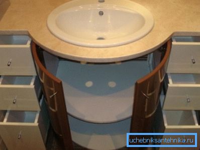 Built-in chiuvetă în baie - o soluție excelentă și foarte funcțională, deoarece în cabinet puteți stoca o mulțime de lucruri utile